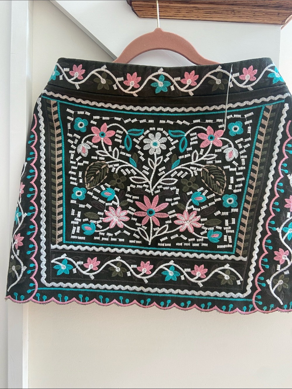 miami Black Embroidered Mini Skirt with Pink & Teal Floral Motif